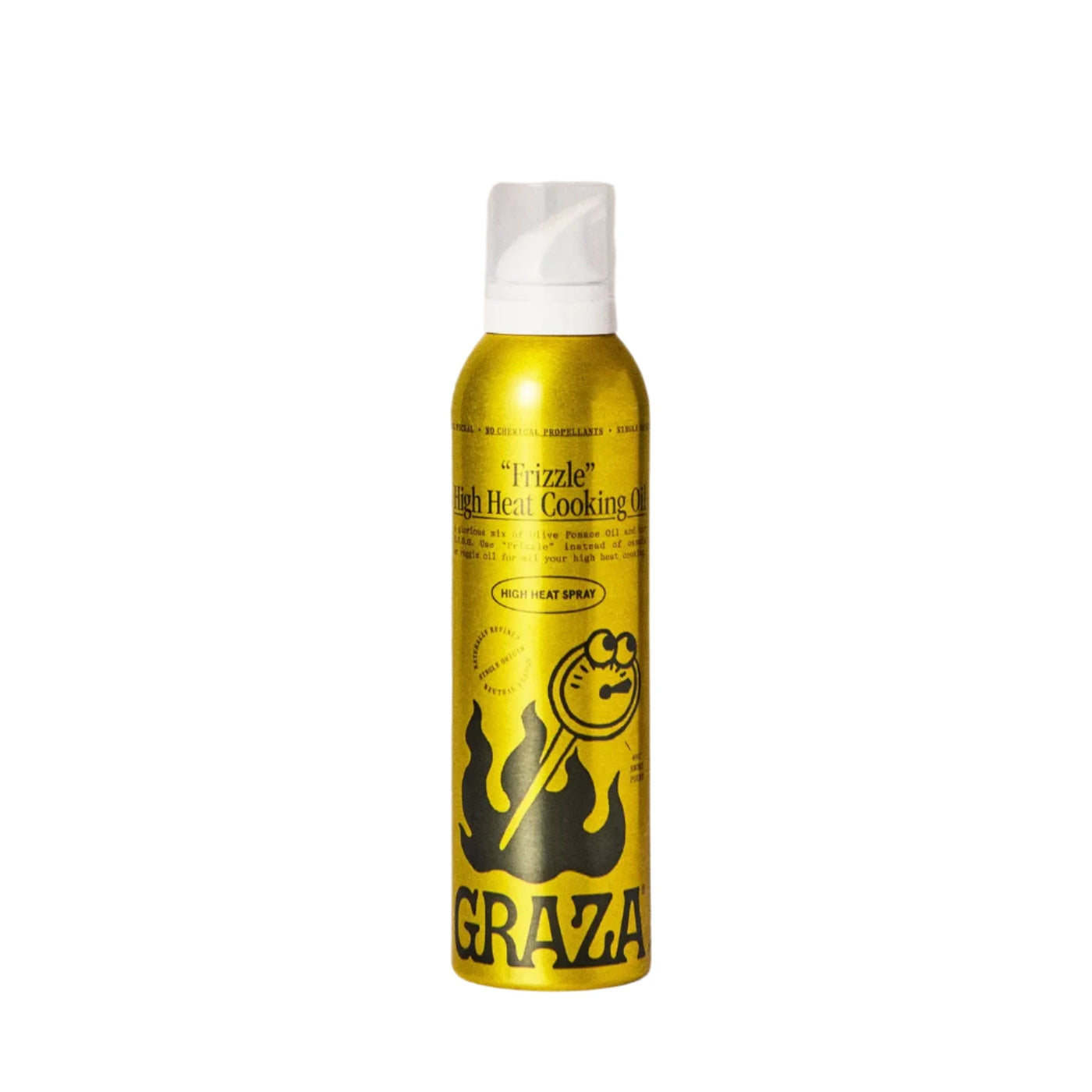 Graza Frizzle high heat cooking oil in a metallic gold spray can with bold black graphics and tex