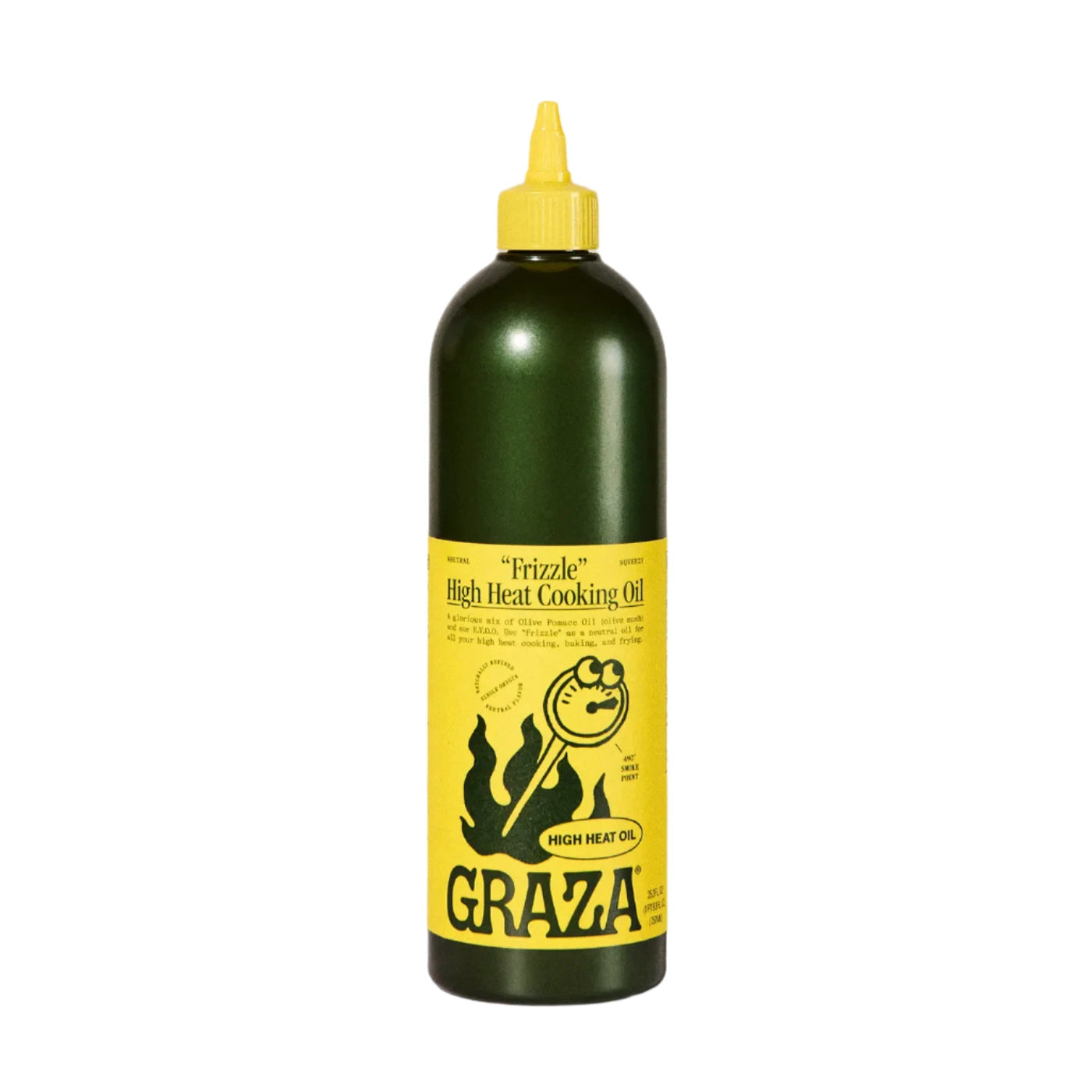 A dark green 25.3 fl oz squeeze bottle of Graza “Frizzle” High Heat Cooking Oil with a yellow branded label and nozzle.