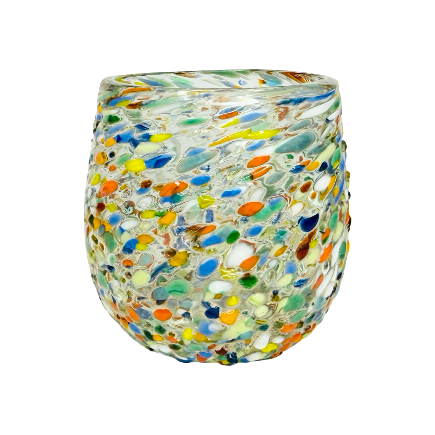 Hand-blown barrel-shaped shot glass featuring a colorful confetti pattern made from multicolored fused glass pieces.
