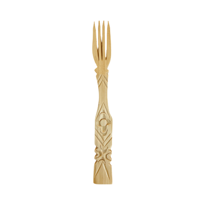 rustic hand carved woooden fork that features a floral design on the handle