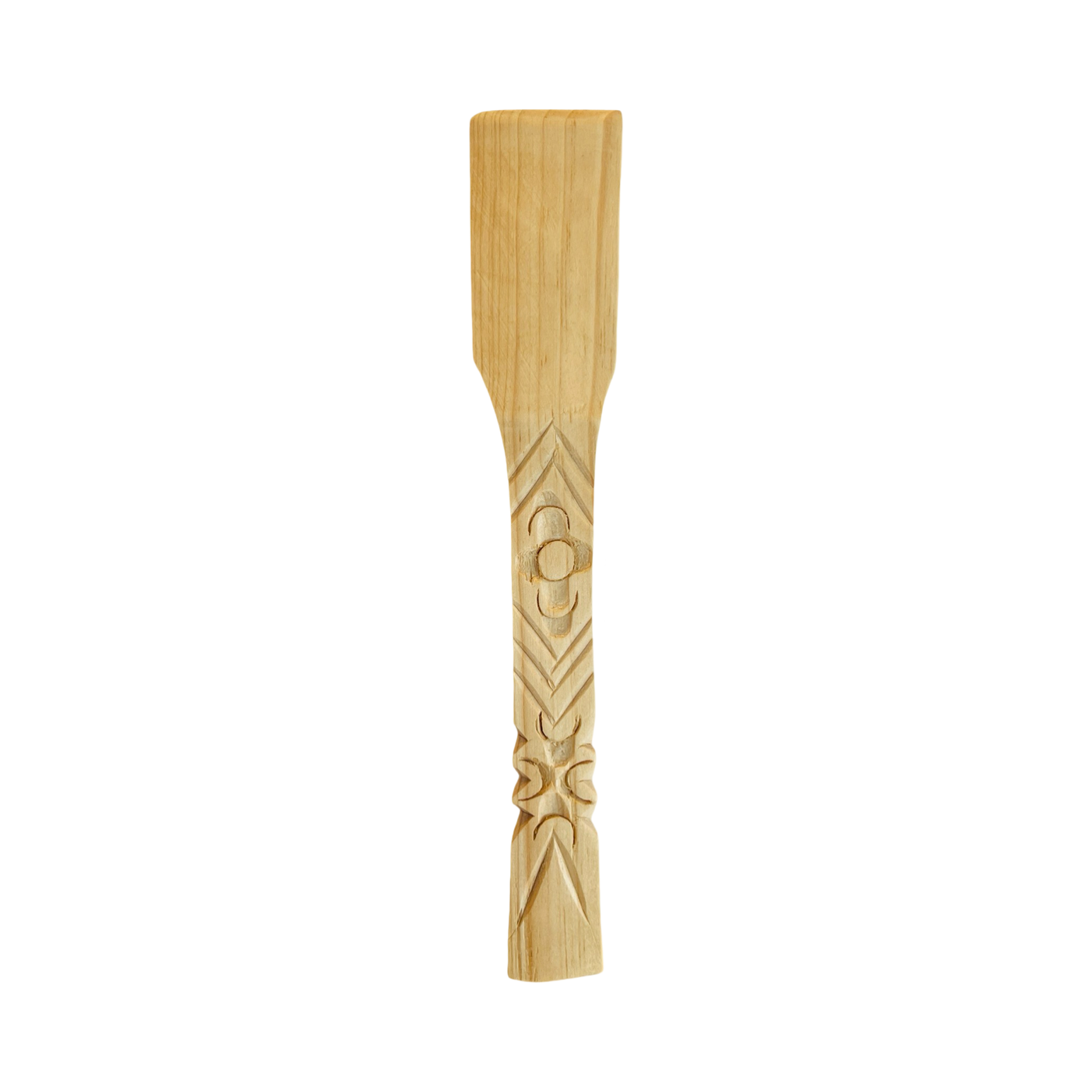 rustic hand carved woooden spatula that features a floral design on the handle