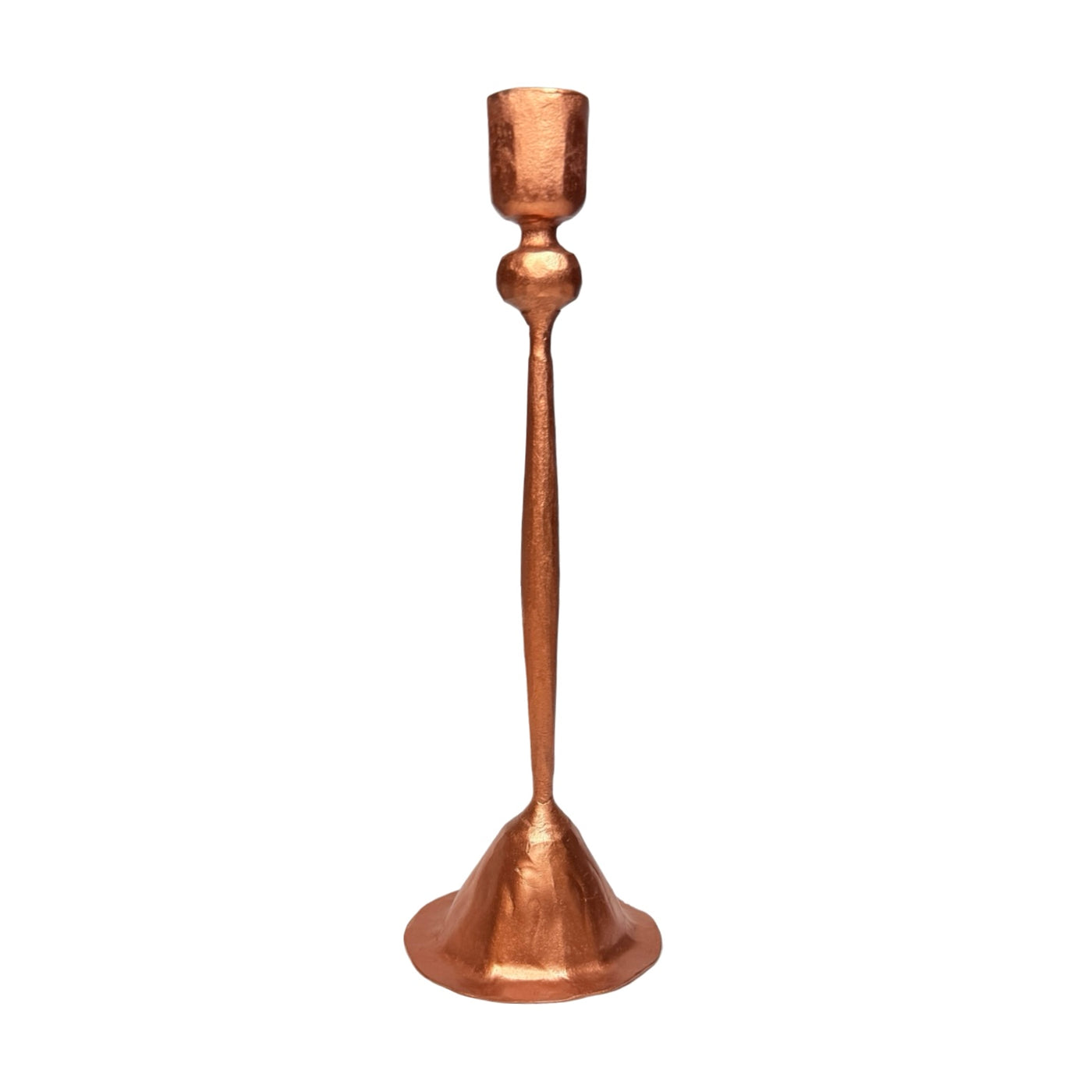 hand-forged cast iron taper candle holder with a warm copper finish and textured surface.