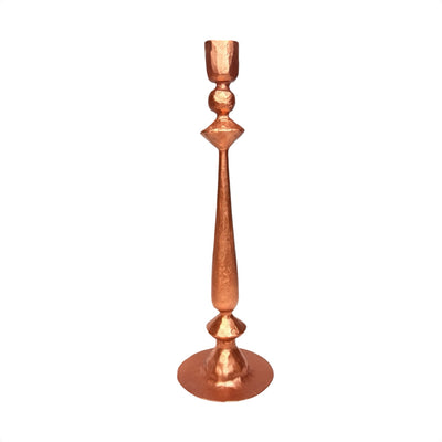 12-inch hand-forged cast iron taper candle holder with a copper finish and tall, sculpted design featuring a subtle hammered texture.