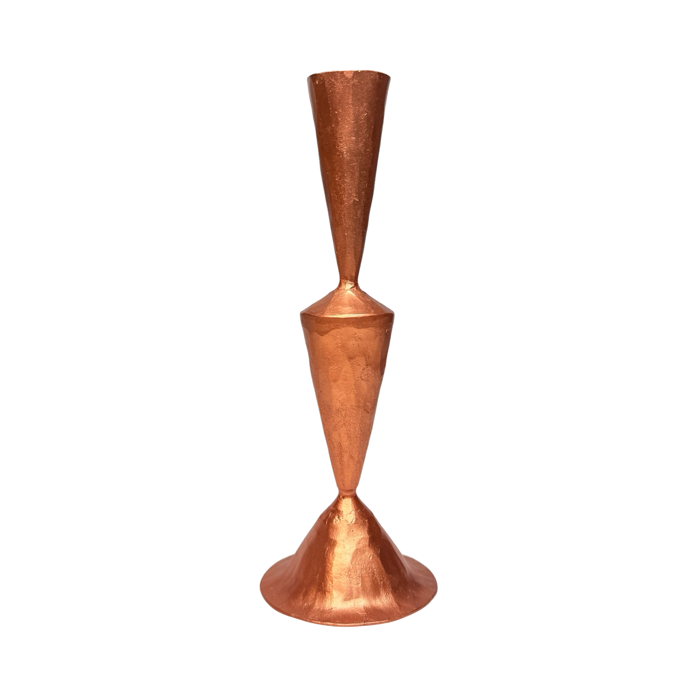 hand-forged cast iron taper candle holder with a smooth copper finish and modern sculptural shape.