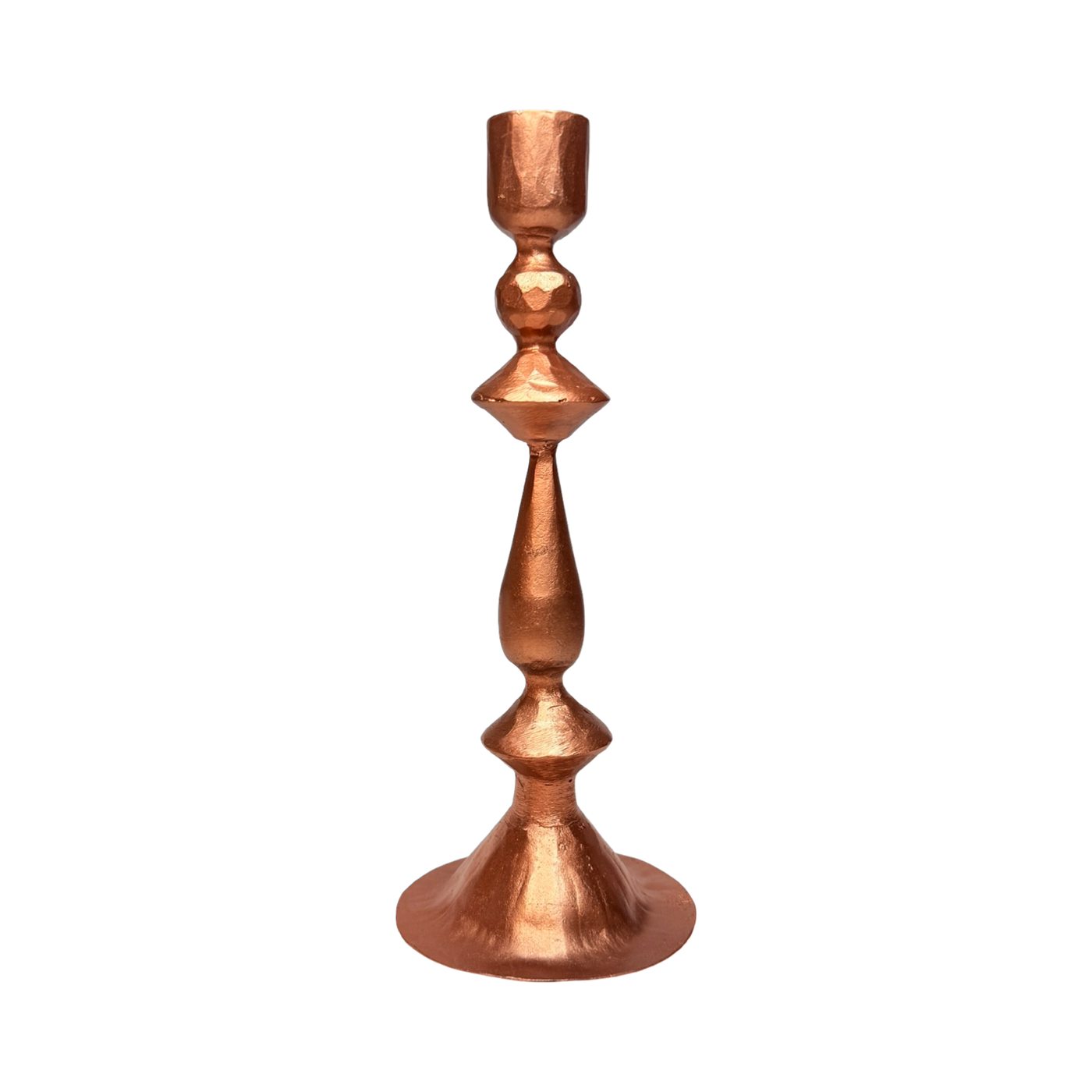 hand-forged cast iron taper candle holder with a copper finish and sculpted, textured design.