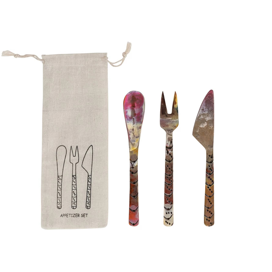 Set of three hand-forged copper appetizer utensils with colorful patina and etched handles, shown with a linen drawstring storage bag labeled “Appetizer Set.”