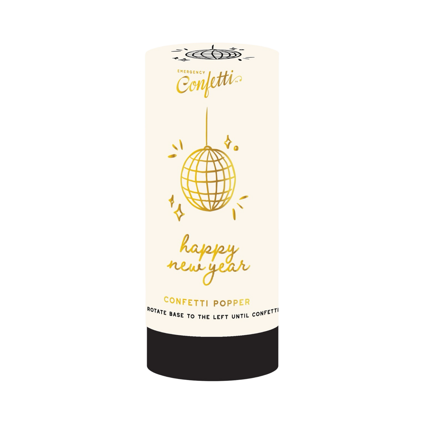 Cylindrical confetti popper labeled “Happy New Year” featuring a gold disco ball illustration and festive text.