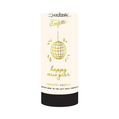 Cylindrical confetti popper labeled “Happy New Year” featuring a gold disco ball illustration and festive text.