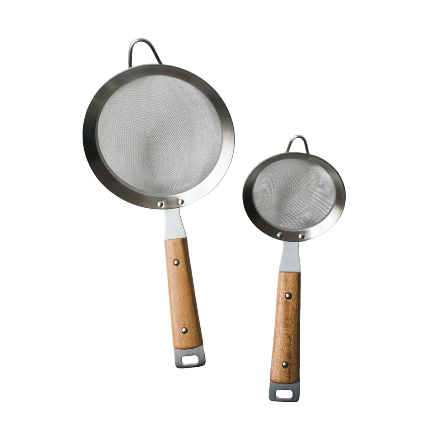 Two stainless steel fine-mesh strainers with wooden handles, one large and one small, each with a hanging loop at the rim.