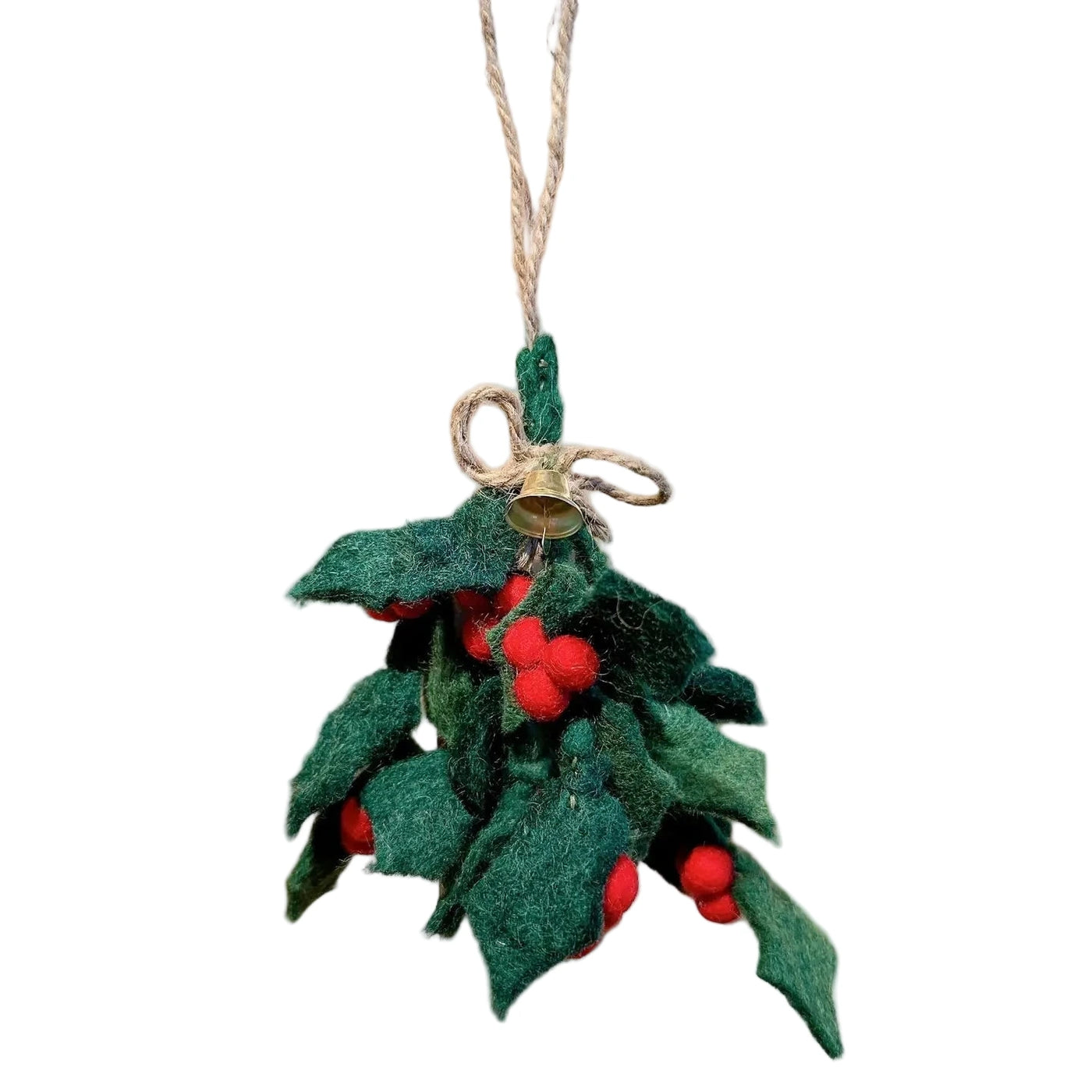 Green felt holly sprig ornament with red felt berries, twine bow, and small gold bell.