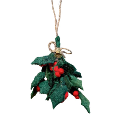 Green felt holly sprig ornament with red felt berries, twine bow, and small gold bell.