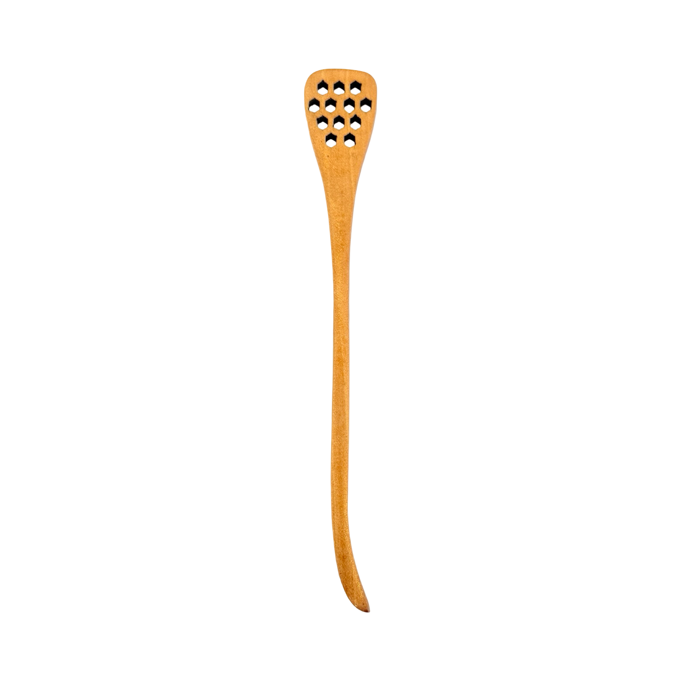 A wooden honey spoons with honeycomb-shaped holes.
