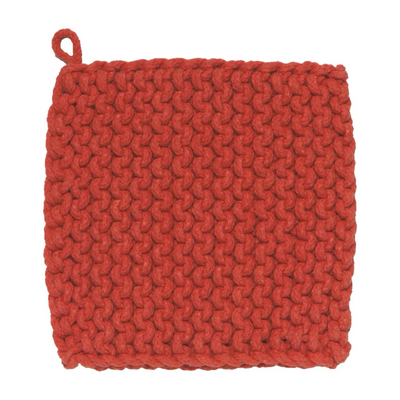 orange  square potholder featuring a knitted design with a hanging loop