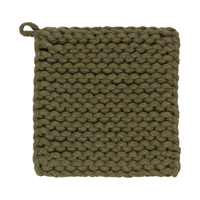 green square potholder featuring a knitted design with a hanging loop