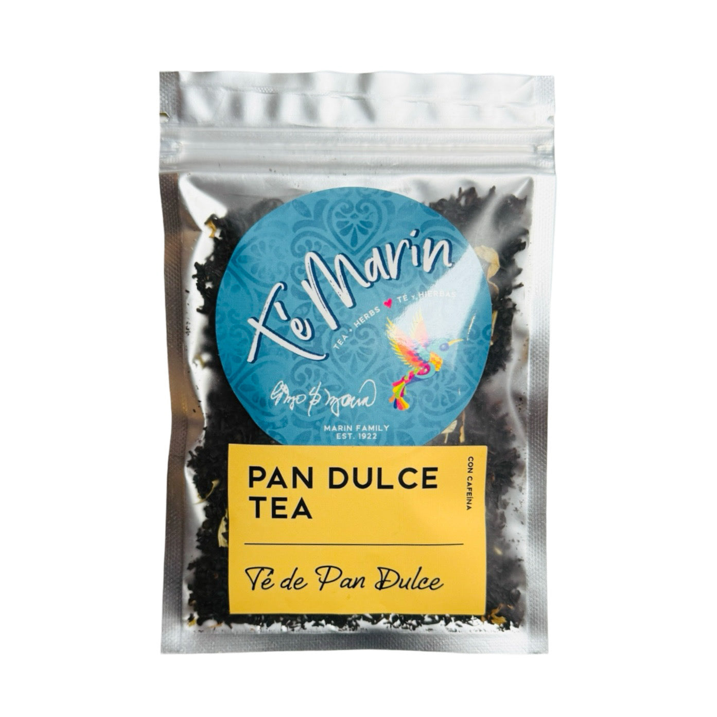 A clear resealable bag of loose leaf tea labeled “Te Marin.” The packaging features a blue circular logo with a colorful hummingbird and a yellow label that reads “Pan Dulce Tea.”