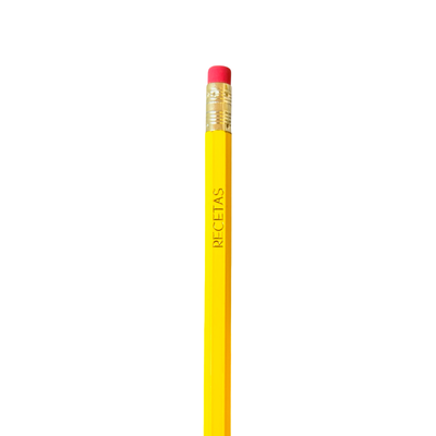 yellow pencil with the word RECETAS in gold foil lettering