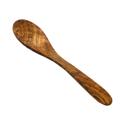 angled view of an olive wood spoon