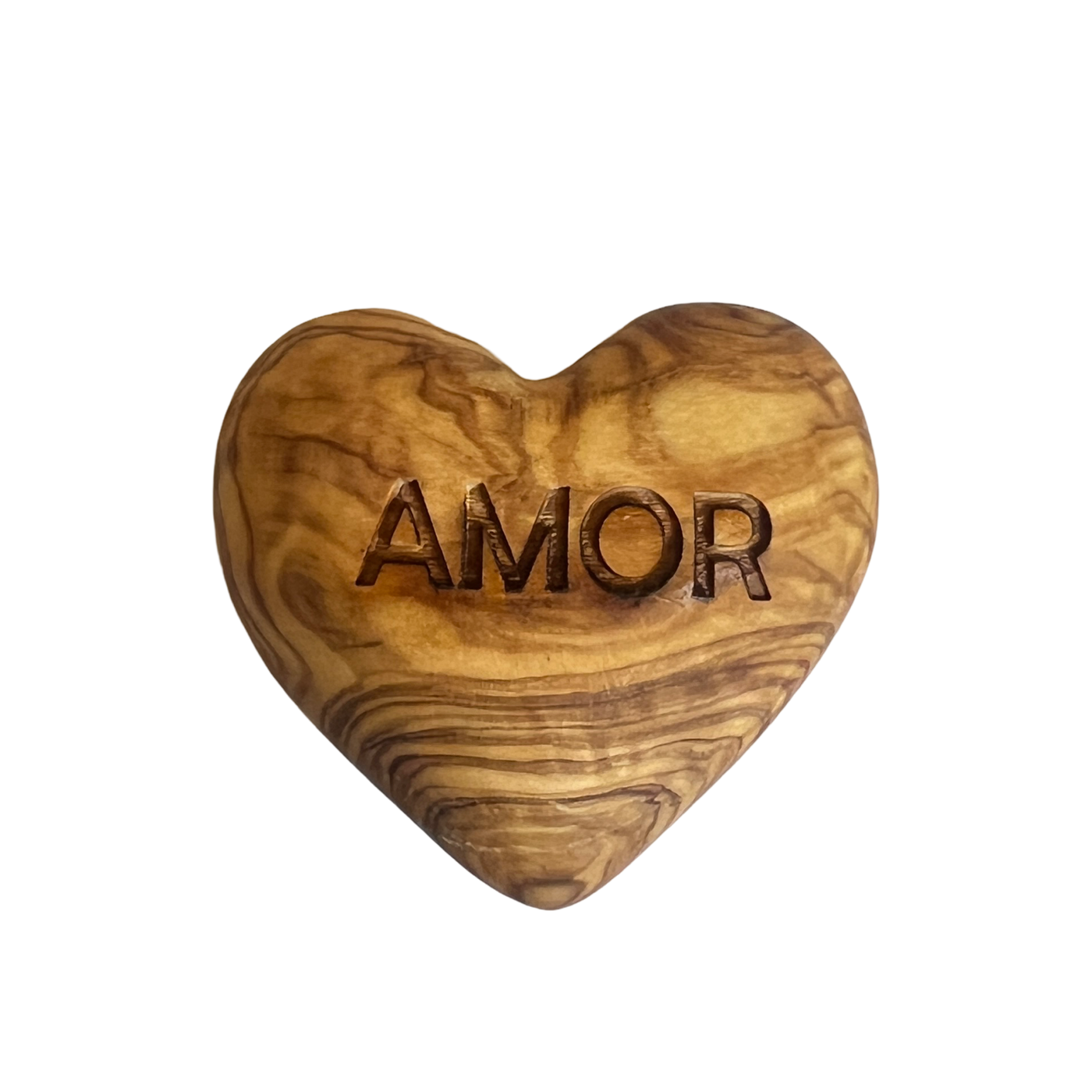 olive wood shaped heart with the word AMOR engraved on the top.