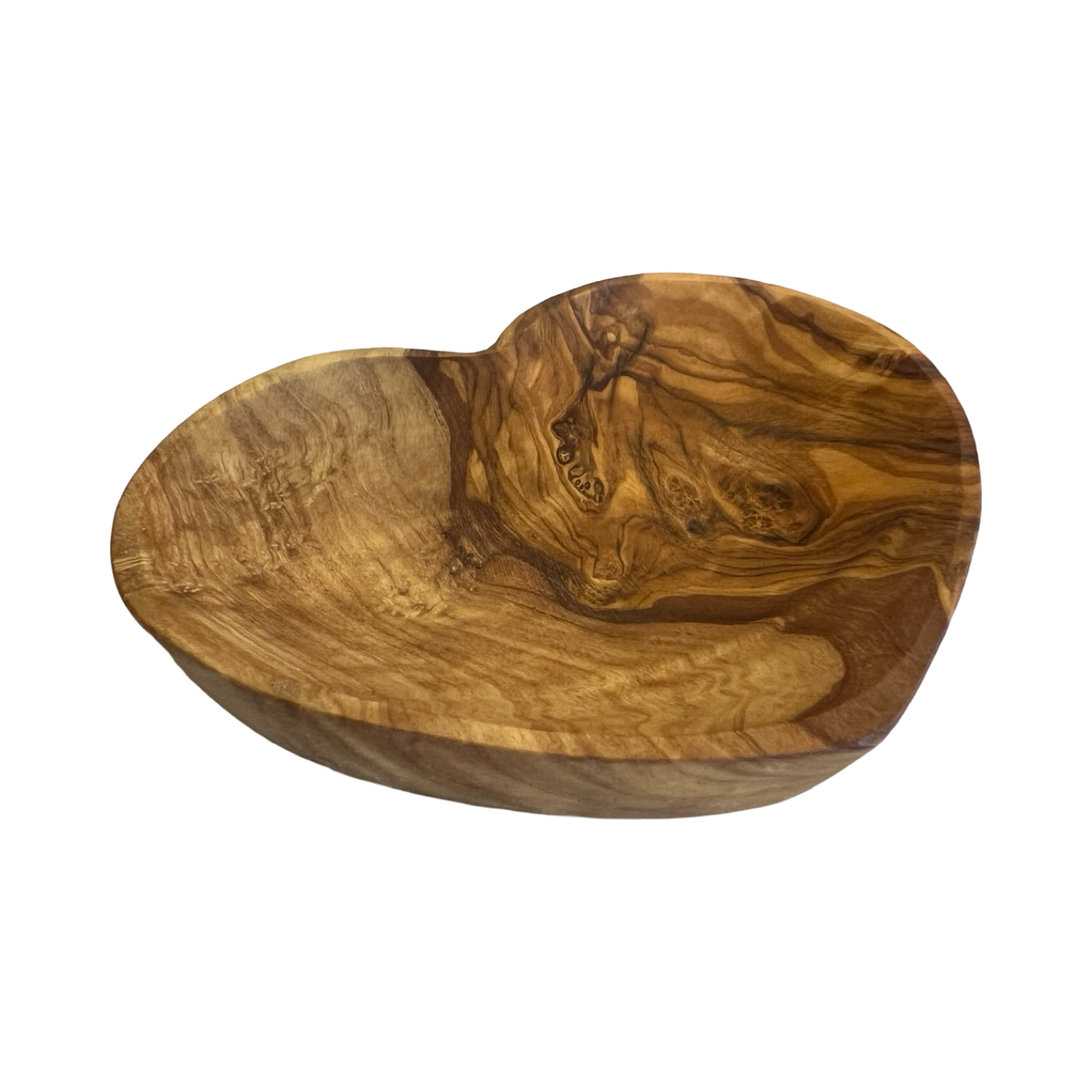 side view of a heart shaped olive wood bowl