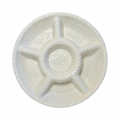 top view of a 6-compartment round appetizer tray with a cream and white Puebla design