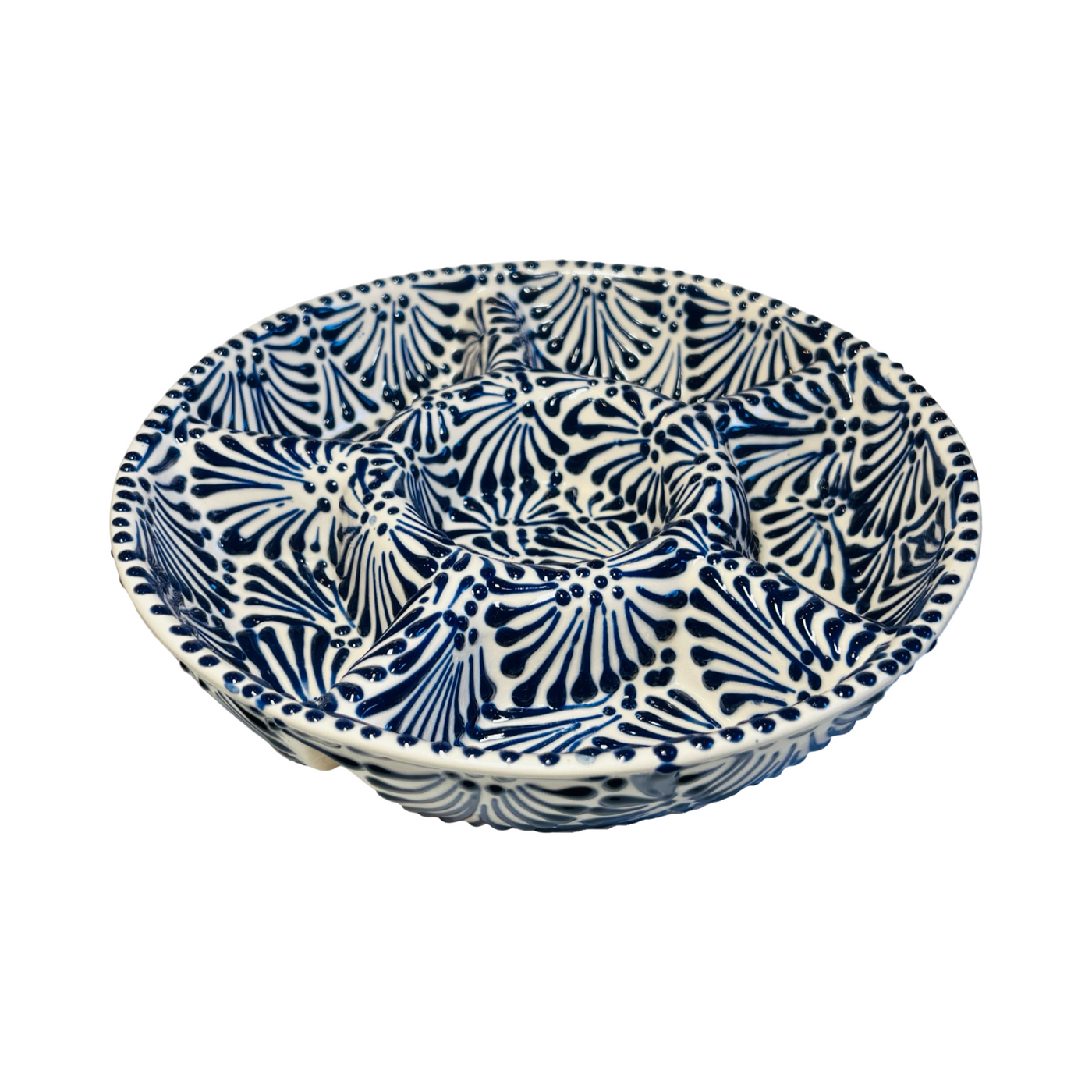 side top view of a 6-compartment round appetizer tray with a blue and white Puebla design