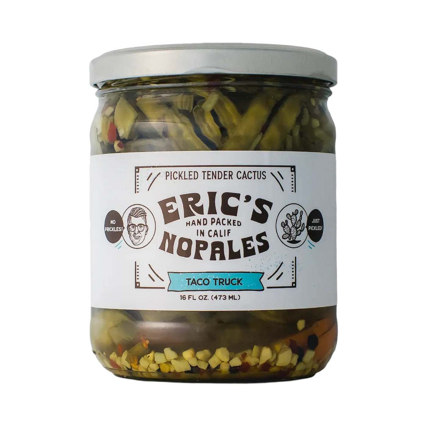 16 oz clear jar of nopales with a white and black branded label