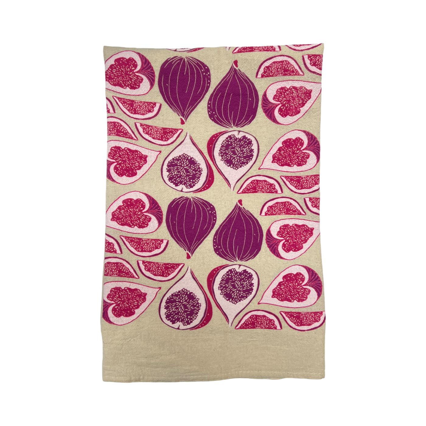 natural flour sack towel folded in quarters with a purple and pink fig pattern design