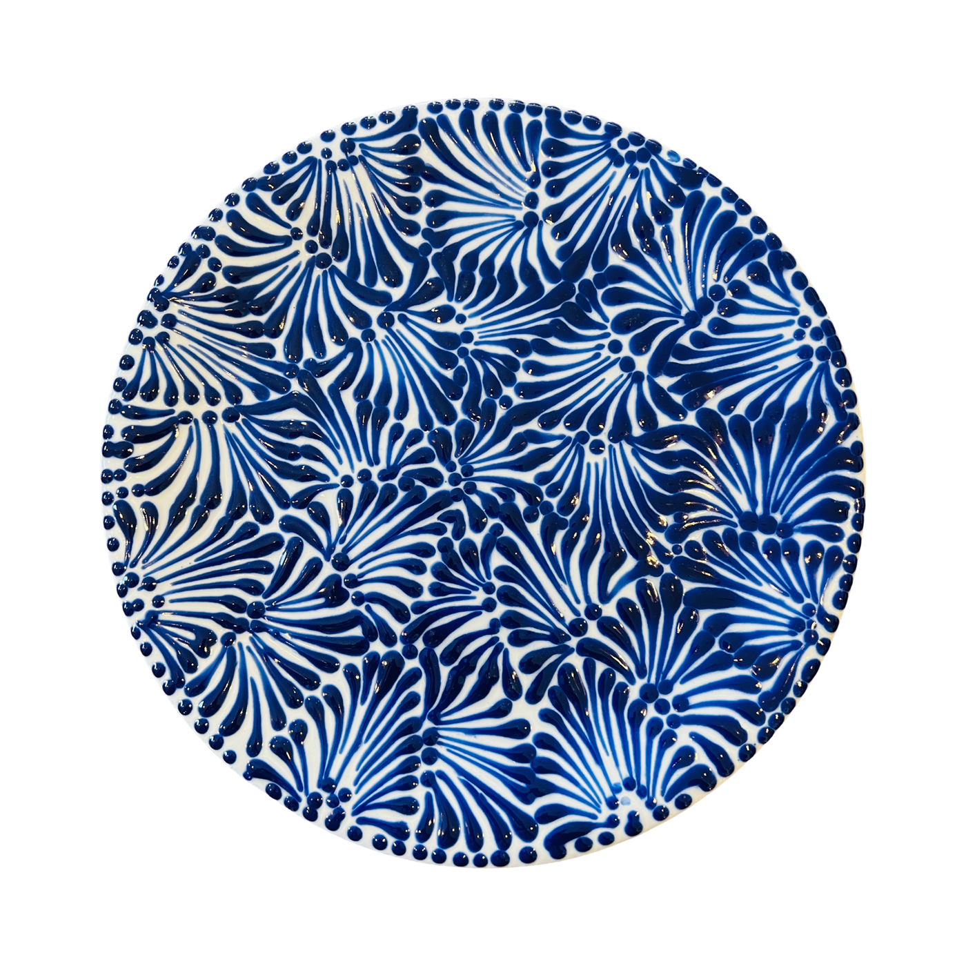 Round plate with the Puebla signature blue  and white glazed design