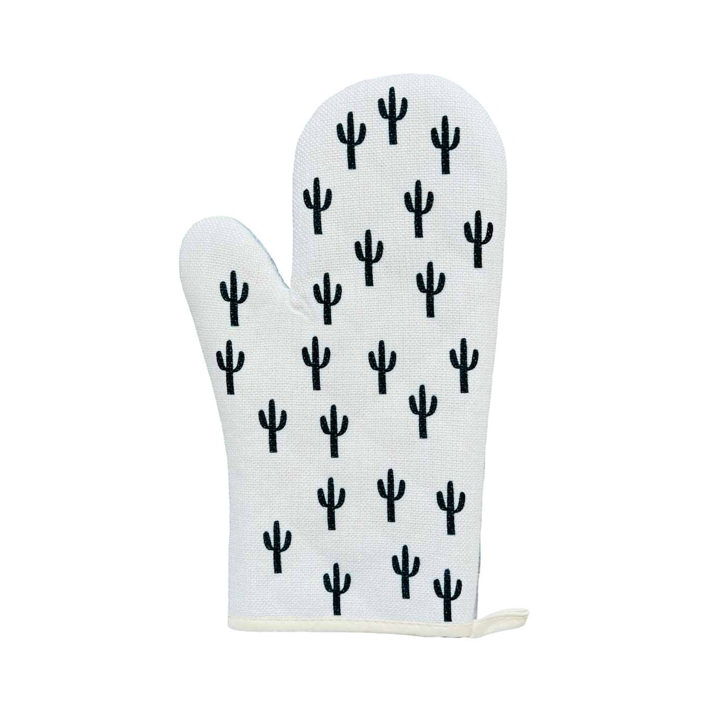 white oven mitt with a black saguaro print