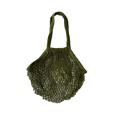 green cotton mesh French Market Bag with sturdy handles, designed for carrying groceries, produce, and everyday essentials in an eco-friendly way