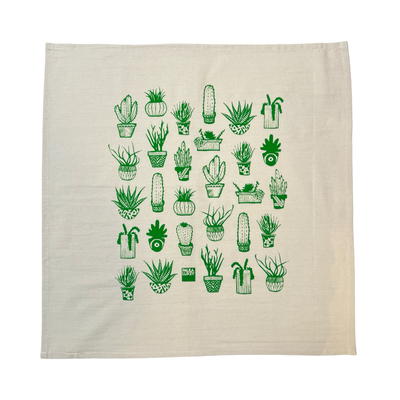 natural floursack tea towel with a green cactus design