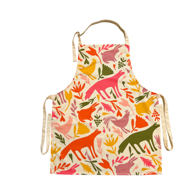 Orange, pink, light pink, sage green and yellow otomi designed apron with ivory neck and waist ties.