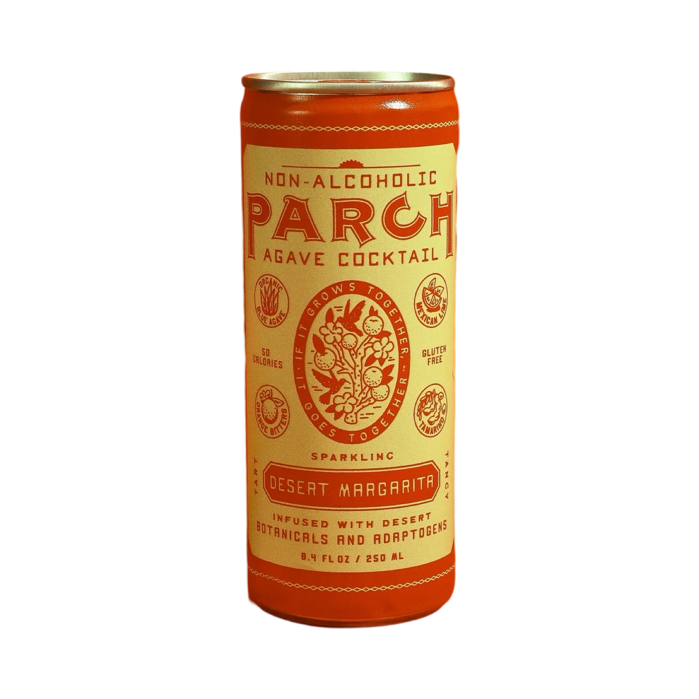 orange and yellow branded Non-Alcoholic Parch Agave Mocktail - Desert Margarita 8.4 fl oz can featuring an illustration of a plant with fruit.