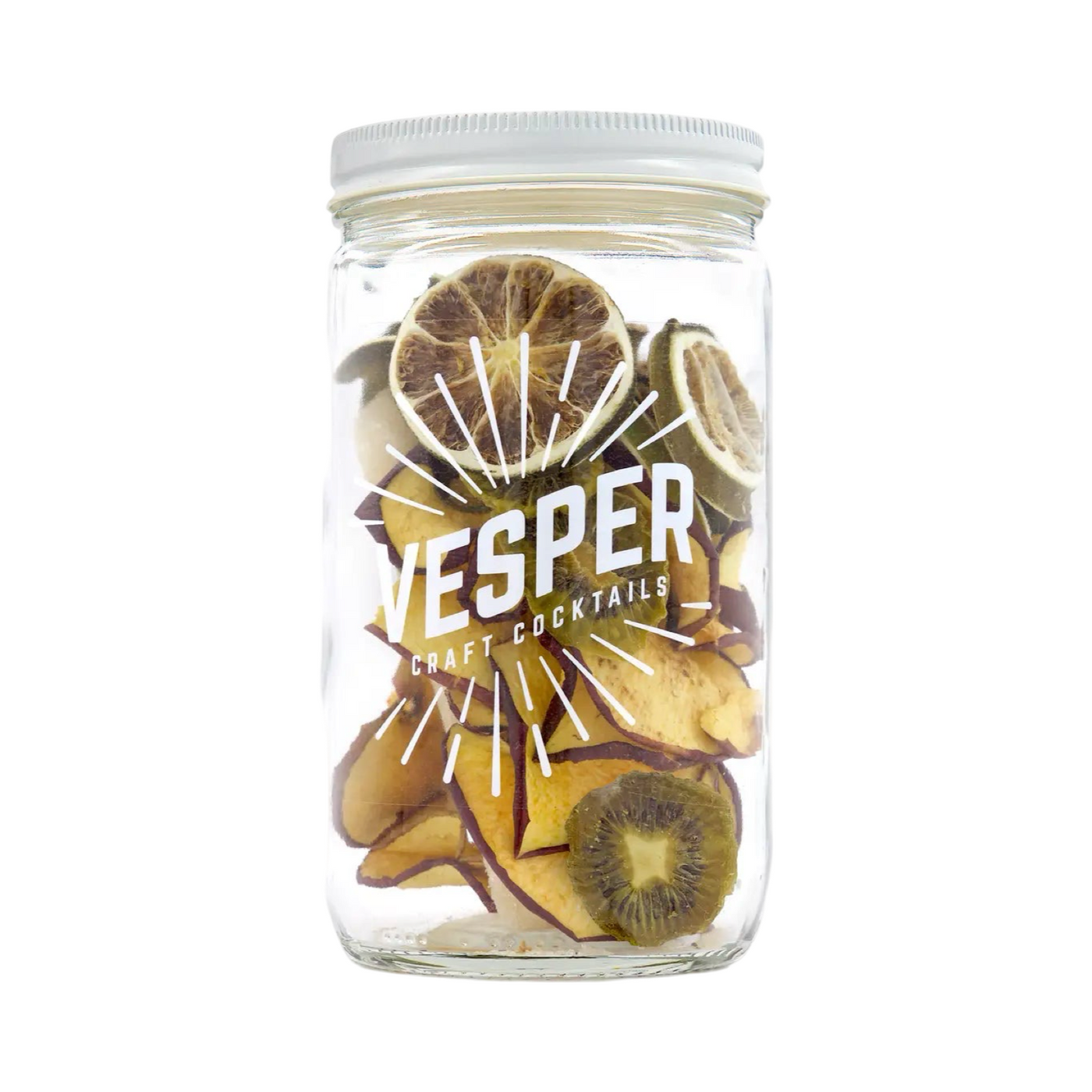 Clear 32oz jar of dried fruit and herbs with white lettering.