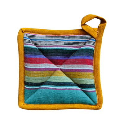 square pot holder featuring jewel toned stripes with a golden yellow trim.