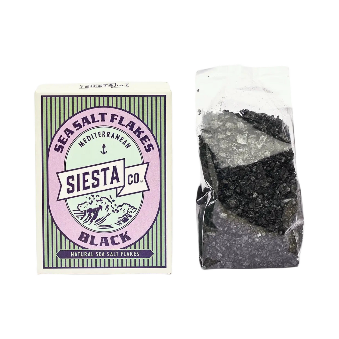 branded box of black sea salt flakes with a clear bag of black sea salt flakes on the side of it