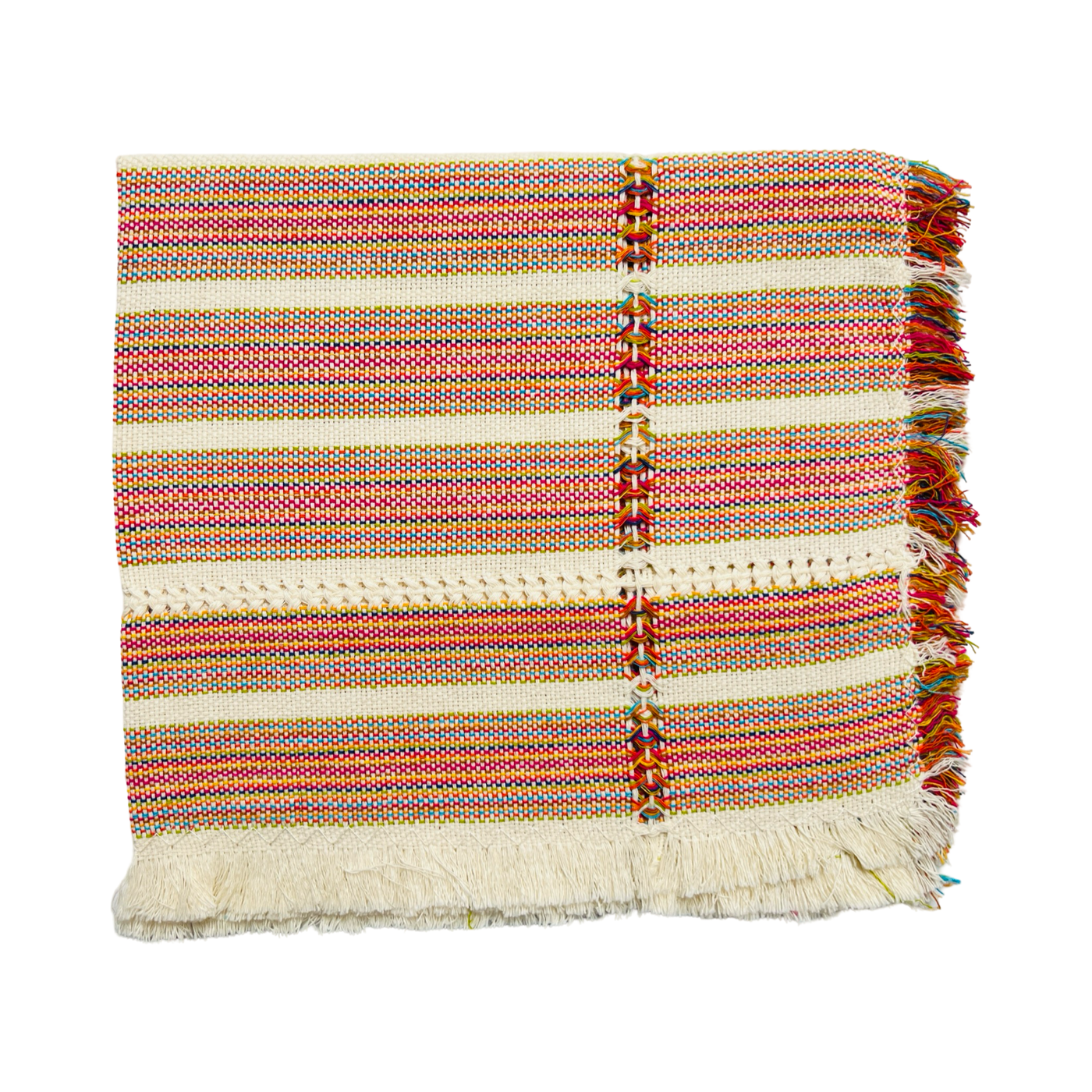 natural and multi-colored striped handwoven napkin folded in quarters