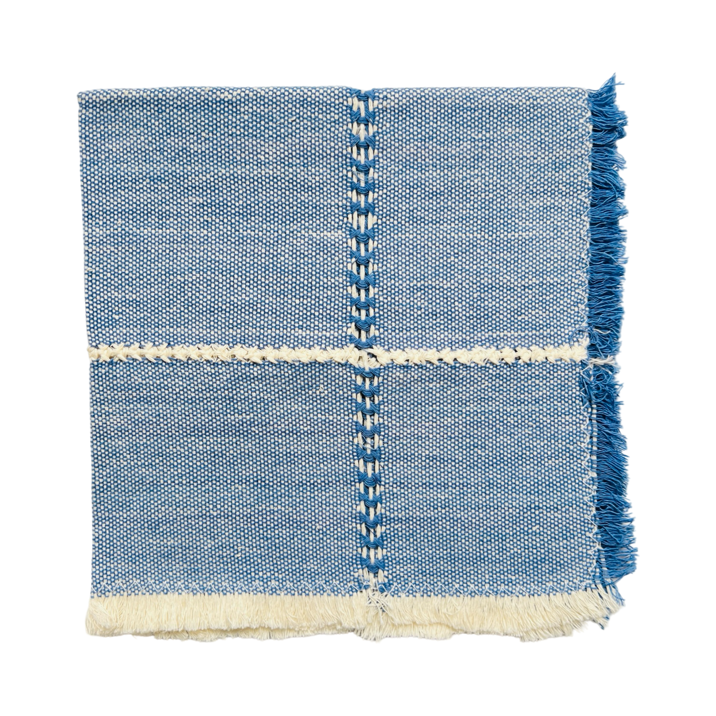 natural and sky blue handwoven napkin folded in quarters