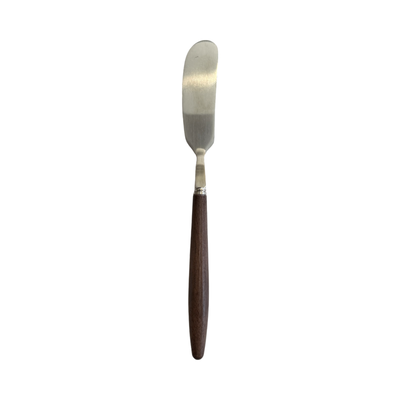 Stainless steel jam and butter spreader with a dark wooden handle.