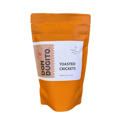 4 oz orange pouch of toasted crickets with a white branded label