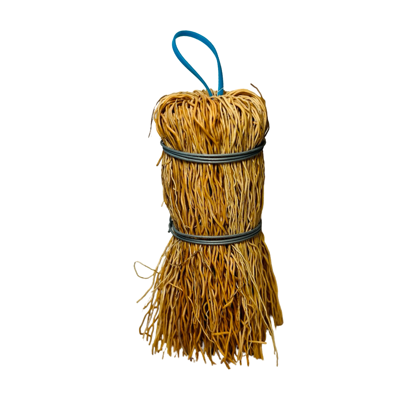 natural fiber scrub brush with a blue hanging loop