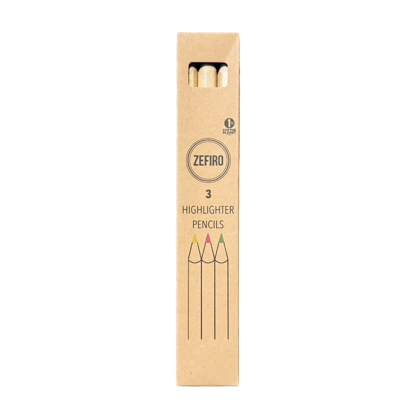 kraft box of highlighter pencils with branded logo and an illustration of 3 pencils with colored tips: yellow, pink and green.