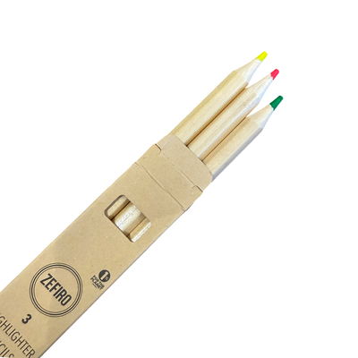 angled view of a branded kraft box of highlighter pencils and all the pencils sticking out of box.