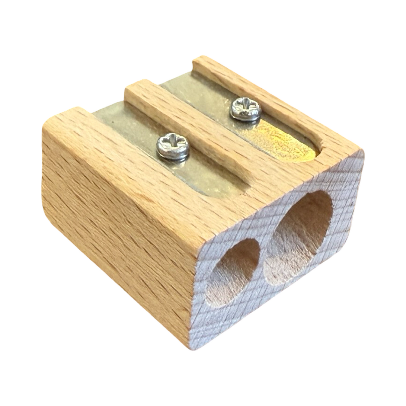 wooden sharpener with two sizes holes.