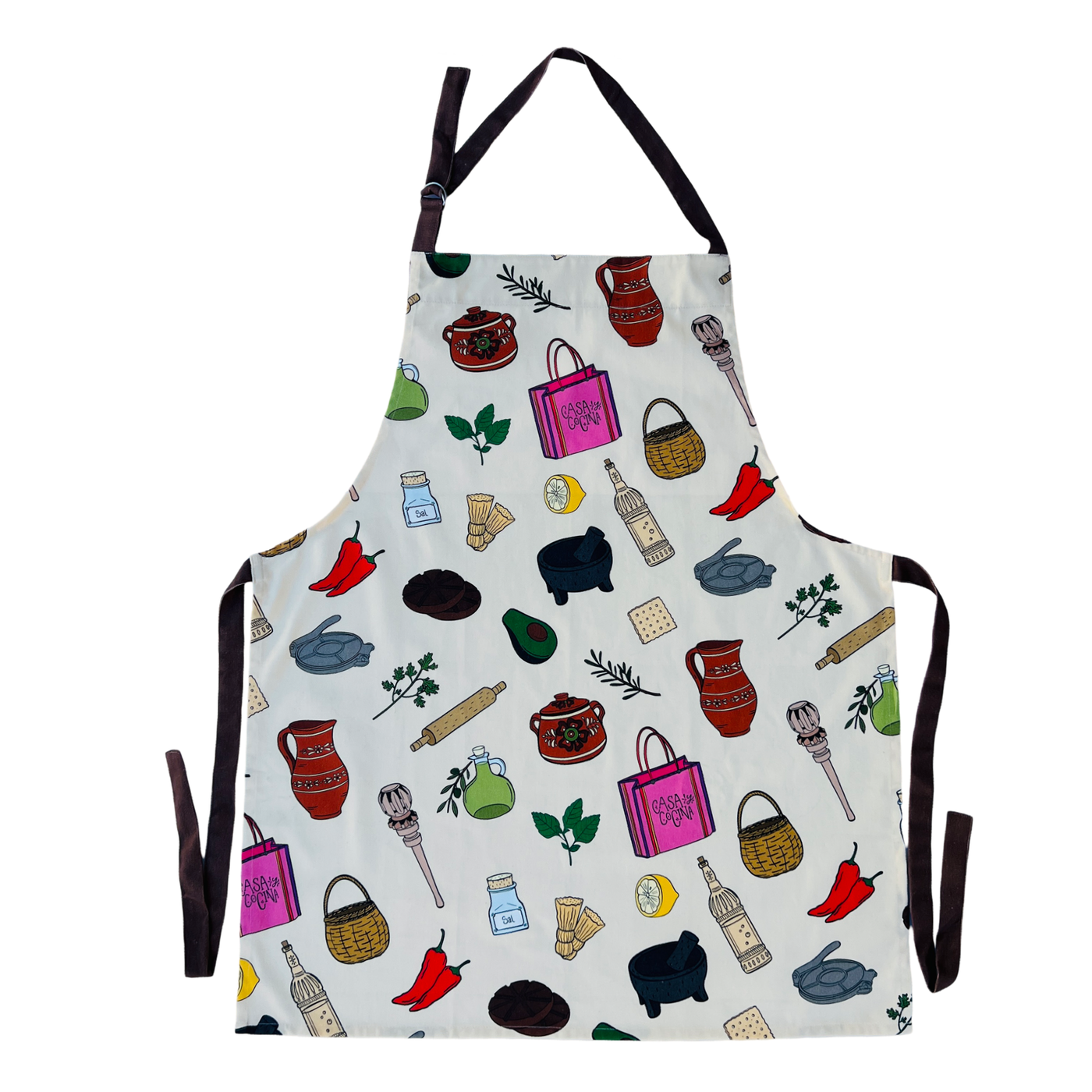 cream apron with images of various Mexican kitchen essentials such as a molcajete and olla featuring brown waist ties and neck loop.