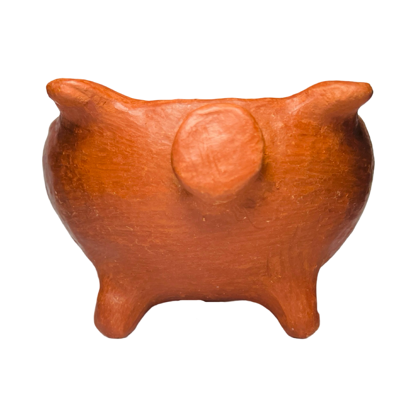 front view of a red clay pig bowl