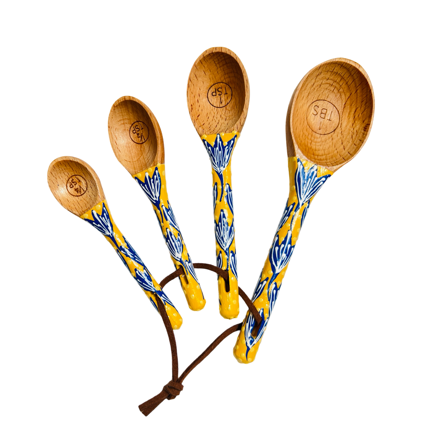 set of wooden measuring spoons with hand-painted handles with a blue, white and yellow design.