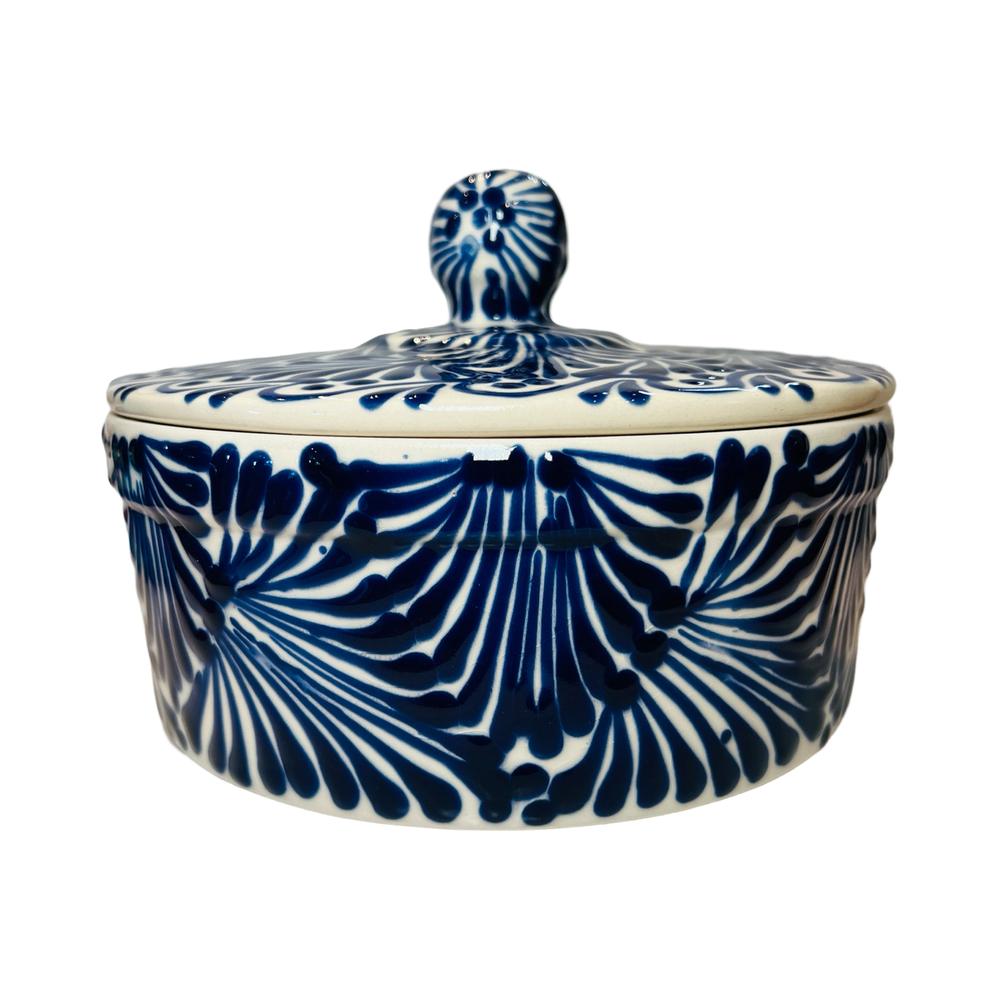 ceramic tortilla warmer with a blue and white Puebla design