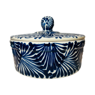 ceramic tortilla warmer with a blue and white Puebla design