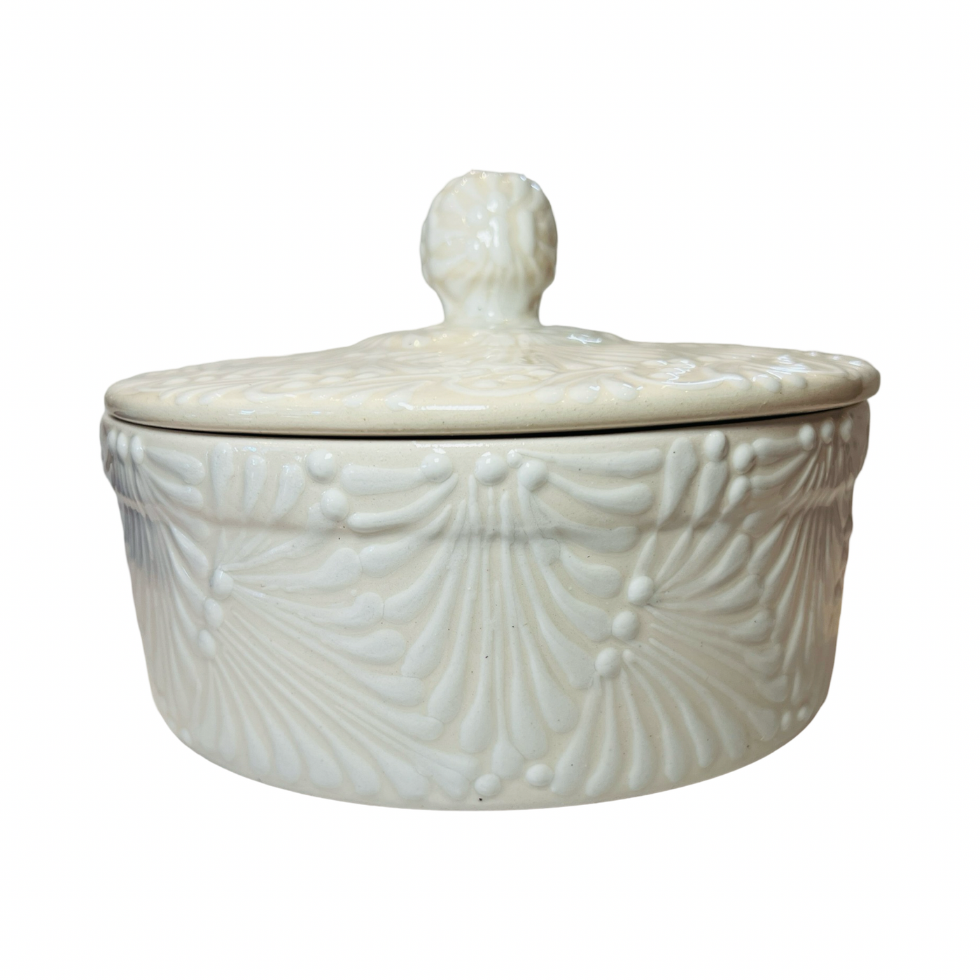 ceramic tortilla warmer with a cream and white Puebla design